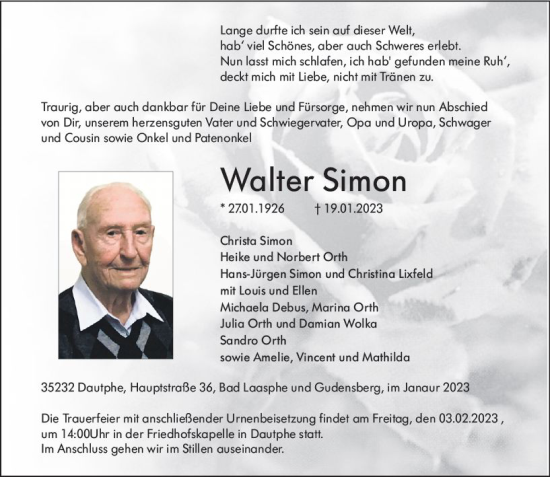 Traueranzeige von Walter Simon von Hinterländer Anzeiger