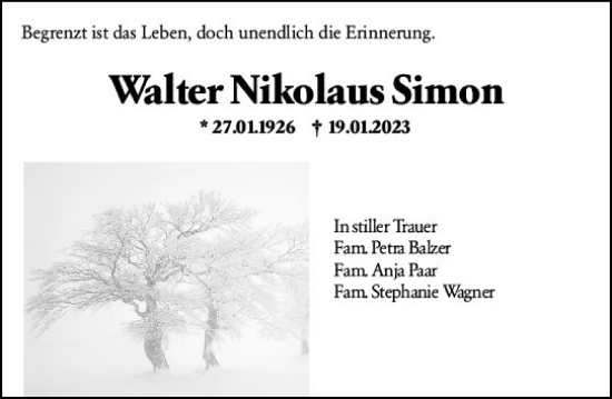 Traueranzeige von Walter Nikolaus Simon von Hinterländer Anzeiger