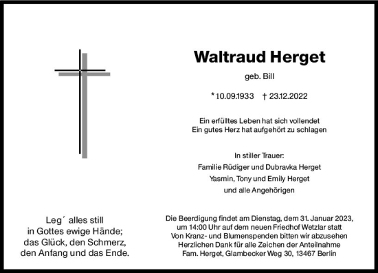 Traueranzeige von Waltraud Herget von Wetzlarer Neue Zeitung