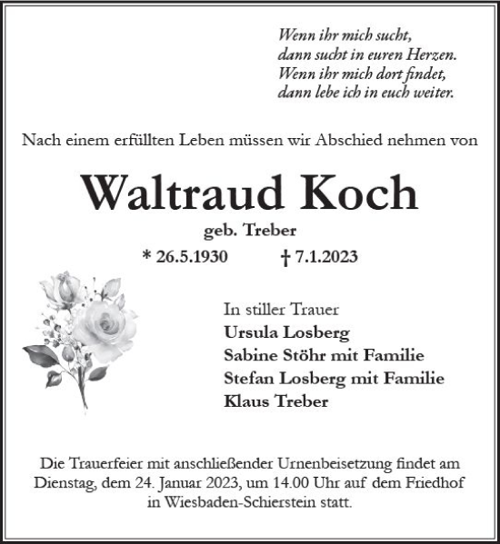 Traueranzeige von Waltraud Koch von Wiesbadener Kurier gesamt