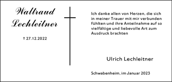 Traueranzeige von Waltraud Lechleitner von Allgemeine Zeitung Mainz