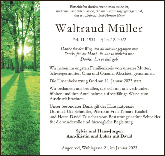 Traueranzeige von Waltraud Müller von OK Oberhessen Kurier