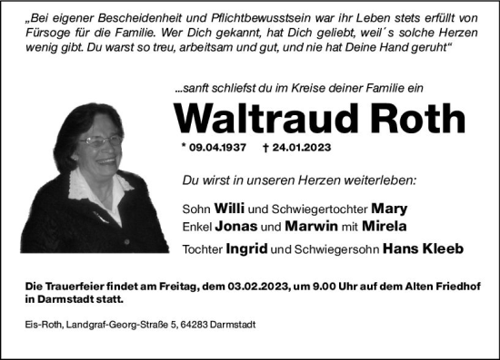 Traueranzeige von Waltraud Roth von Darmstädter Echo