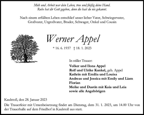 Traueranzeige von Werner Appel von VRM Trauer