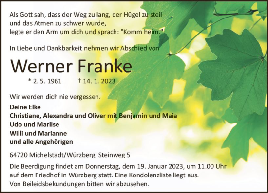 Traueranzeige von Werner Franke von Odenwälder Echo