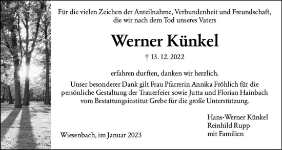 Traueranzeige von Werner Künkel von Hinterländer Anzeiger