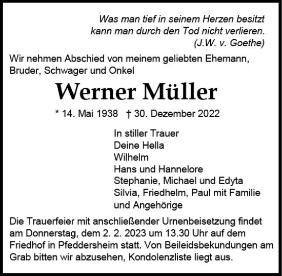 Traueranzeige von Werner Müller von Wormser Zeitung