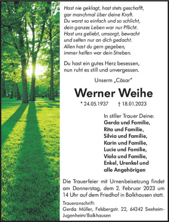 Traueranzeige von Werner Weihe von Darmstädter Echo