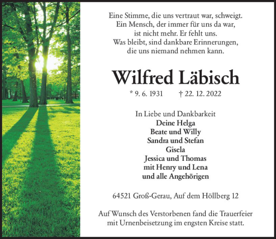 Traueranzeige von Wilfred Läbisch von Groß-Gerauer Echo