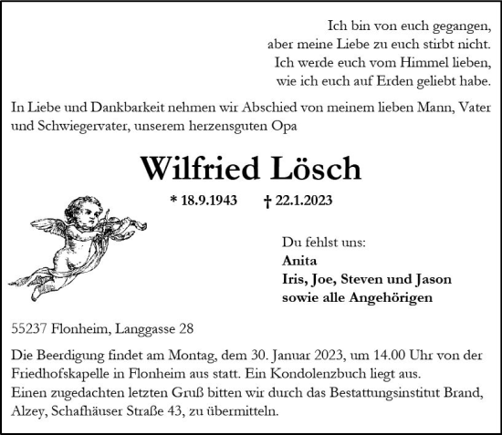 Traueranzeige von Wilfried Lösch von Allgemeine Zeitung Alzey