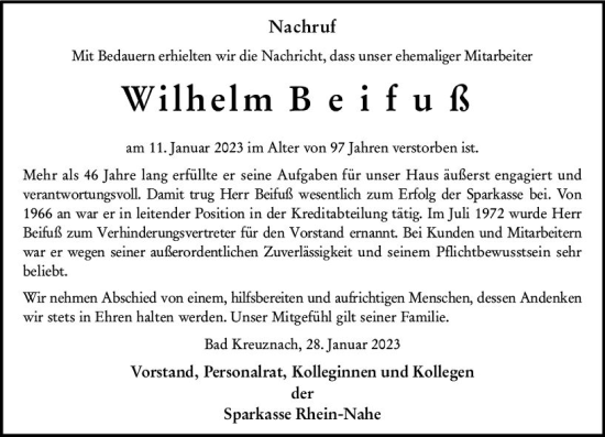 Traueranzeige von Wilhelm Beifuß von Allgemeine Zeitung Bad Kreuznach