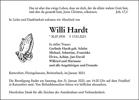 Traueranzeige von Willi Hardt von Wetzlarer Neue Zeitung
