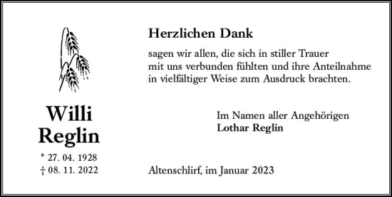Traueranzeige von Willi Reglin von VRM Trauer