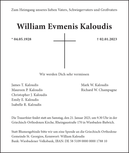 Traueranzeige von William Evmenis Kaloudis von Wiesbadener Kurier gesamt