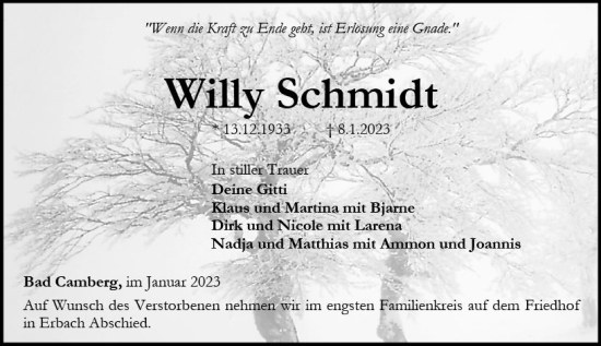 Traueranzeige von Willy Schmidt von Camberger Anzeiger
