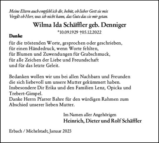 Traueranzeige von Wilma Ida Schäffler von Odenwälder Echo