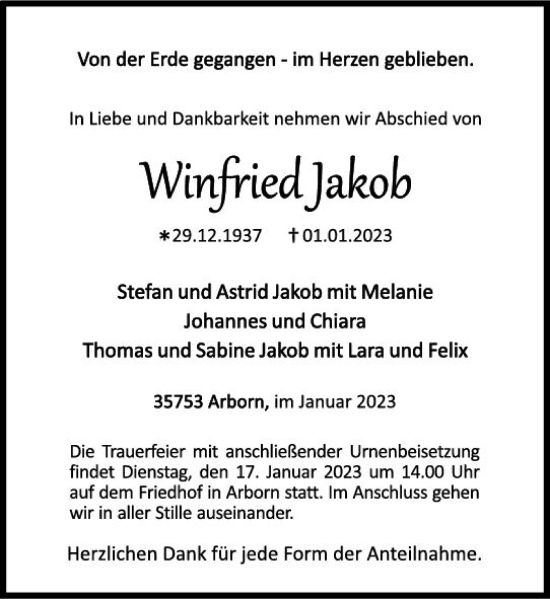 Traueranzeige von Winfried Jakob von Dill Block