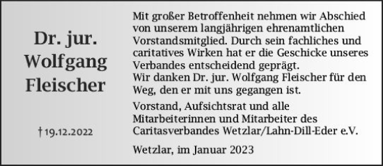 Traueranzeige von Wolfgang Fleischer von Wetzlarer Neue Zeitung
