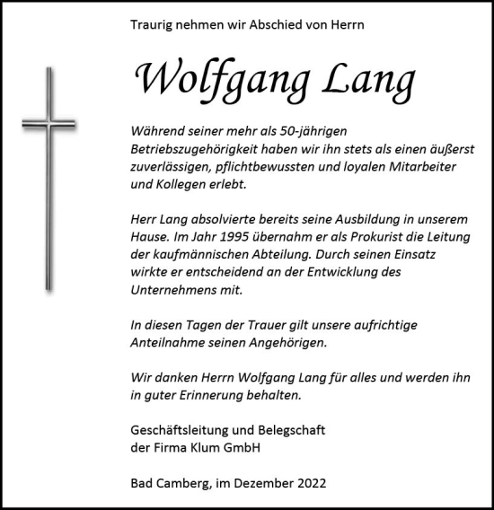 Traueranzeige von Wolfgang Lang von Camberger Anzeiger