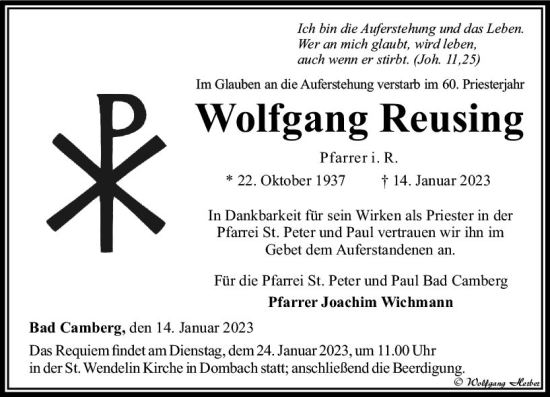 Traueranzeige von Wolfgang Reusing von Camberger Anzeiger