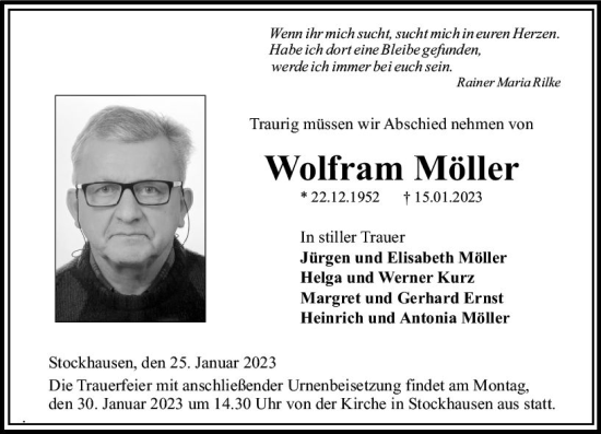 Traueranzeige von Wolfram Möller von VRM Trauer