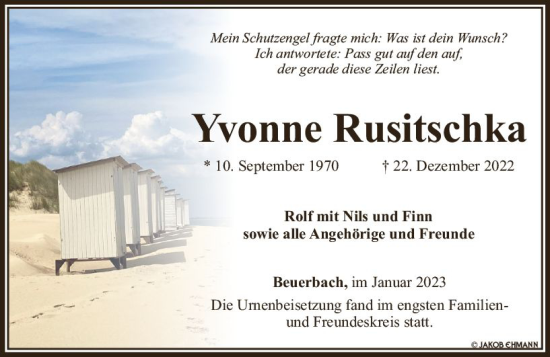Traueranzeige von Yvonne Rusitschka von Camberger Anzeiger
