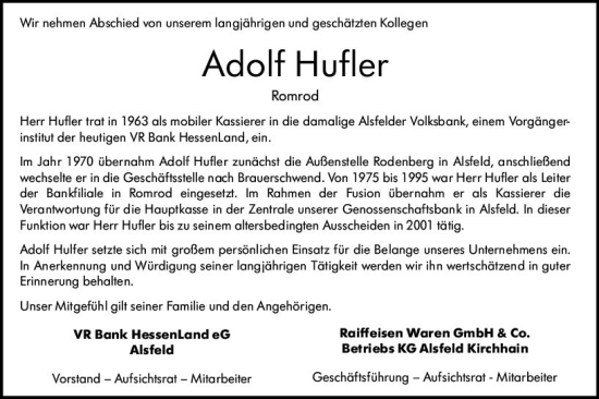 Traueranzeige von Adolf Hufler von VRM Trauer