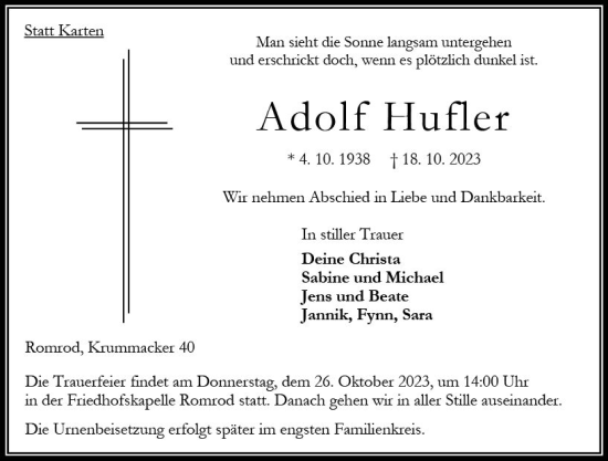 Traueranzeige von Adolf Hufler von VRM Trauer