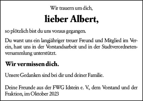 Traueranzeige von Albert  von Idsteiner Land/Untertaunus