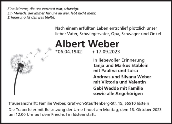 Traueranzeige von Albert Weber von Idsteiner Land/Untertaunus