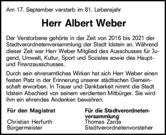 Traueranzeige von Albert Weber von Idsteiner Land/Untertaunus