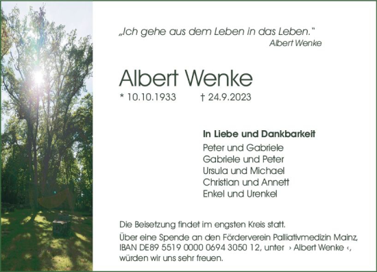 Traueranzeige von Albert Wenke von Allgemeine Zeitung Mainz
