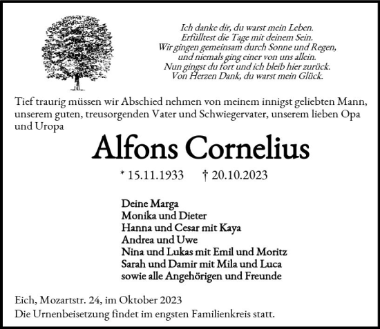 Traueranzeige von Alfons Cornelius von Wormser Zeitung