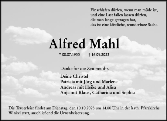 Traueranzeige von Alfred Mahl von Wiesbadener Kurier