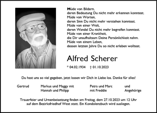 Traueranzeige von Alfred Scherer von Allgemeine Zeitung Mainz