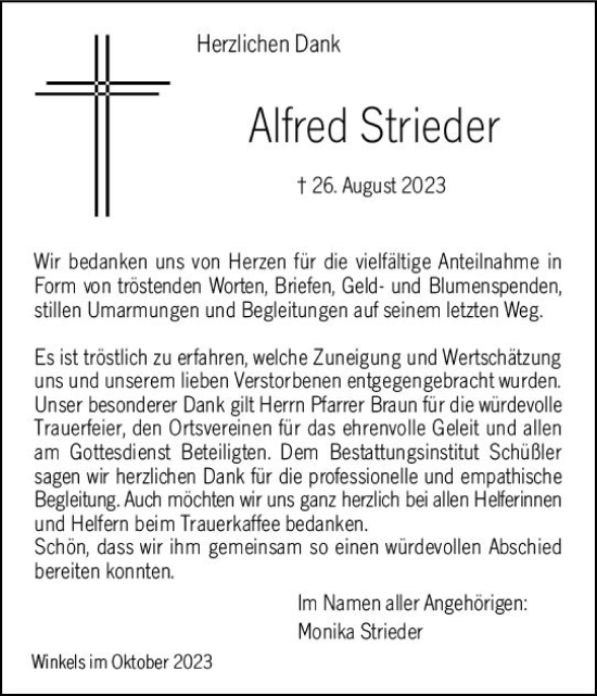 Traueranzeige von Alfred Strieder von Weilburger Tageblatt