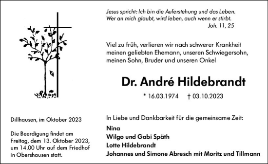 Traueranzeige von Andre Hildebrandt von Weilburger Tageblatt