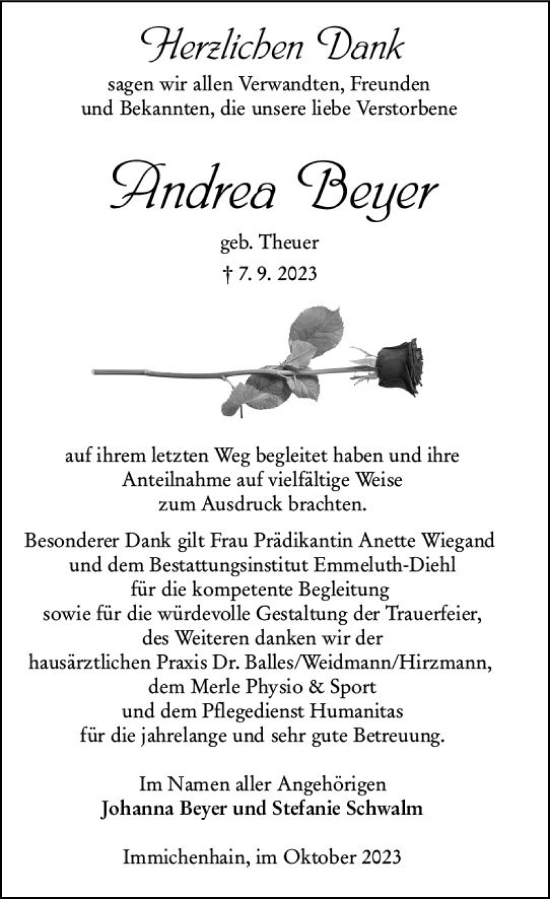 Traueranzeige von Andrea Beyer von Oberhessen Kurier