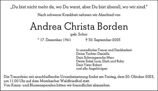 Traueranzeige von Andrea Christa Borden von Allgemeine Zeitung Mainz