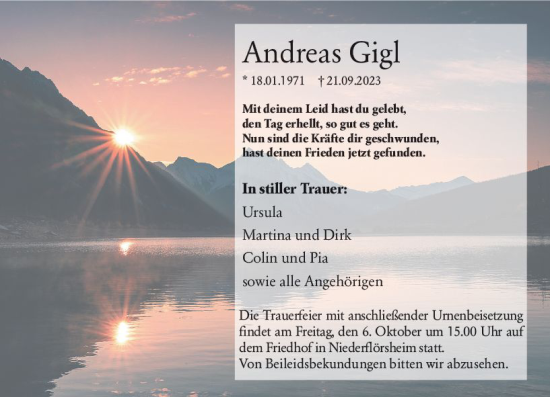 Traueranzeige von Andreas Gigl von Wormser Zeitung