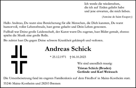Traueranzeige von Andreas Schick von Allgemeine Zeitung Mainz