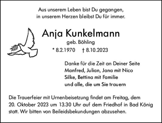 Traueranzeige von Anja Kunkelmann von Odenwälder Echo
