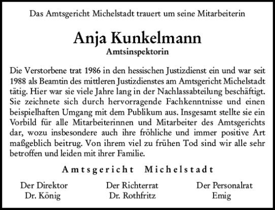 Traueranzeige von Anja Kunkelmann von Odenwälder Echo