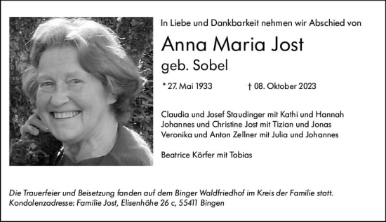 Traueranzeige von Anna Maria Jost von Allgemeine Zeitung Bingen/Ingelheim