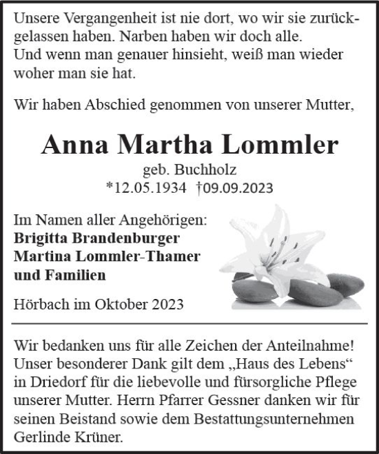 Traueranzeige von Anna Martha Lommler von Dill Block