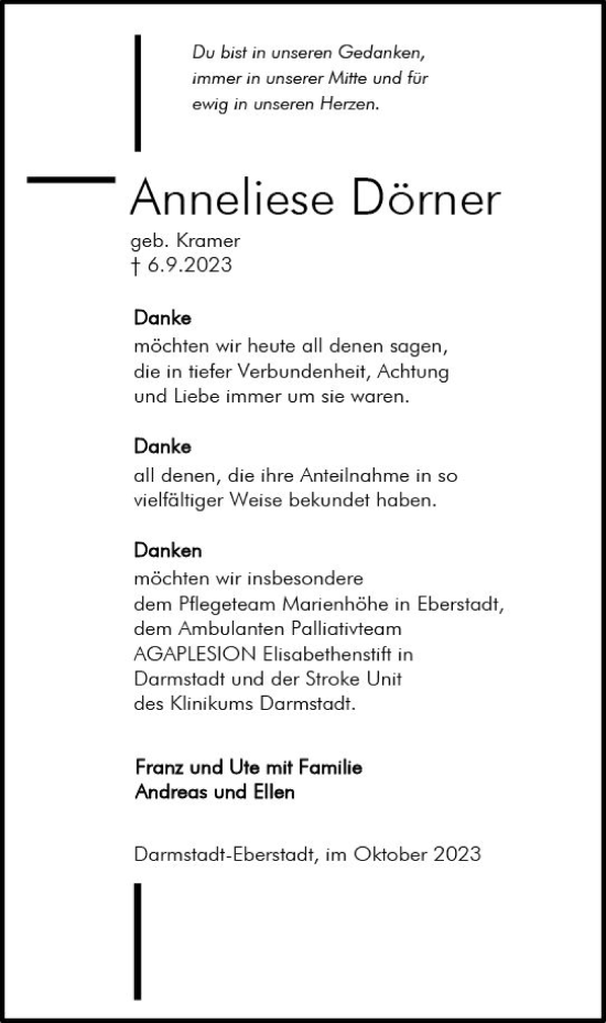 Traueranzeige von Anneliese Dörner von Darmstädter Echo