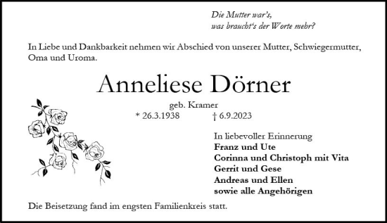 Traueranzeige von Anneliese Dörner von Darmstädter Echo