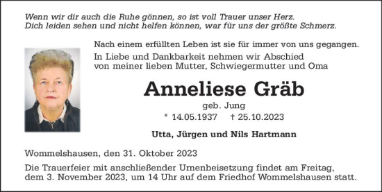 Traueranzeige von Anneliese Gräb von Hinterländer Anzeiger