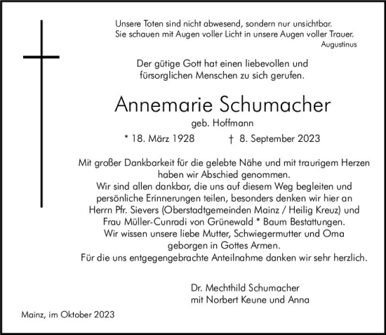 Traueranzeige von Annemarie Schumacher von Allgemeine Zeitung Mainz