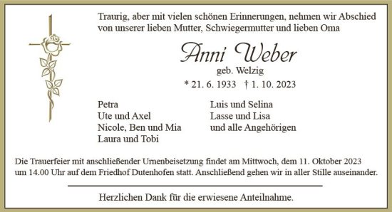 Traueranzeige von Anni Weber von Wetzlarer Neue Zeitung